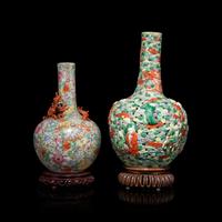 Two Chinese Famille Rose Mille Fleur Porcelain Vases, 19th Century 清晚期 粉彩百花不落地賞瓶及羅漢圖賞瓶兩支