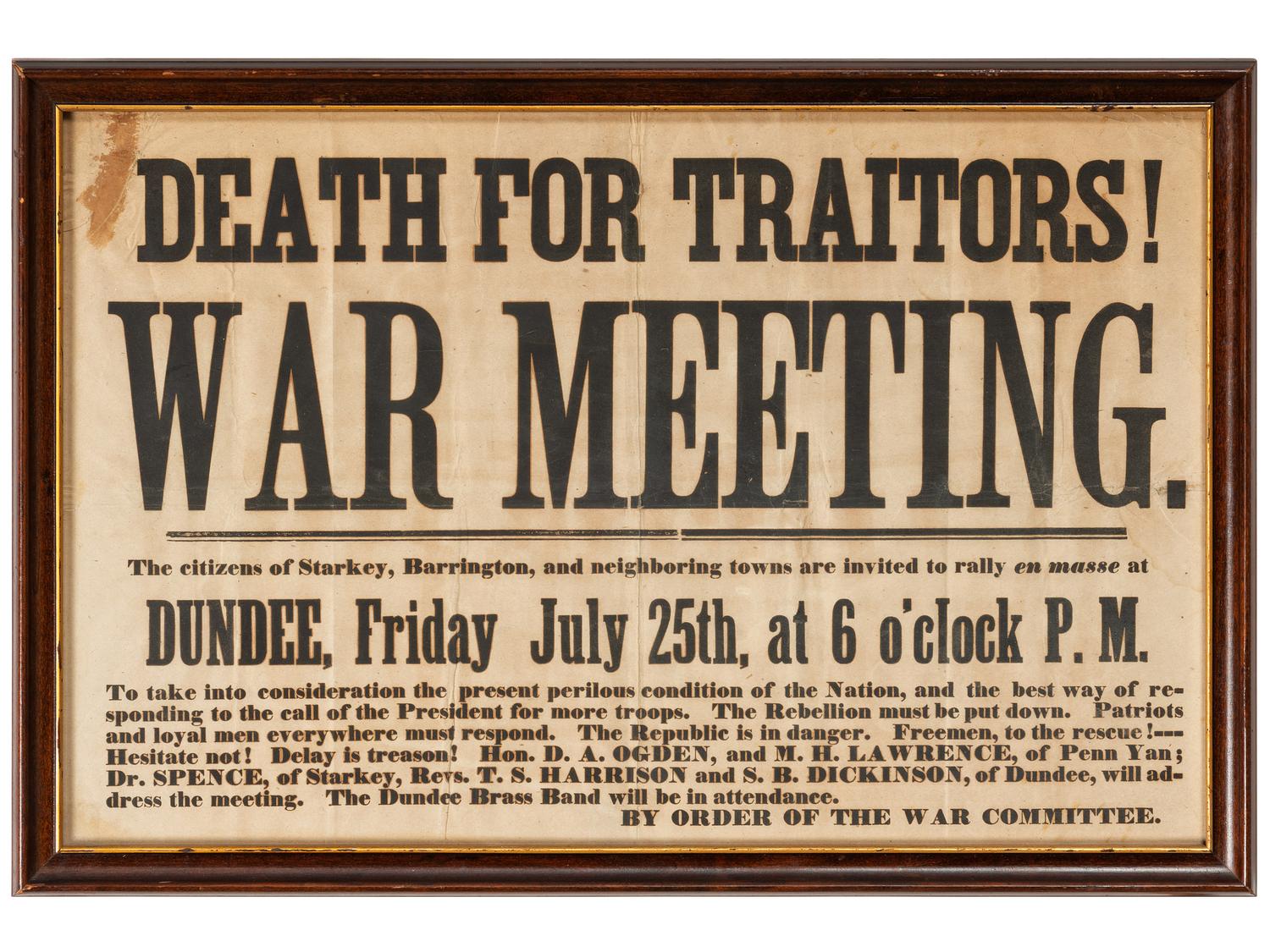 [CIVIL WAR]. Death for Traitors! War Meeting! Broadside. [Yates County, NY]: ca 1861-2.
