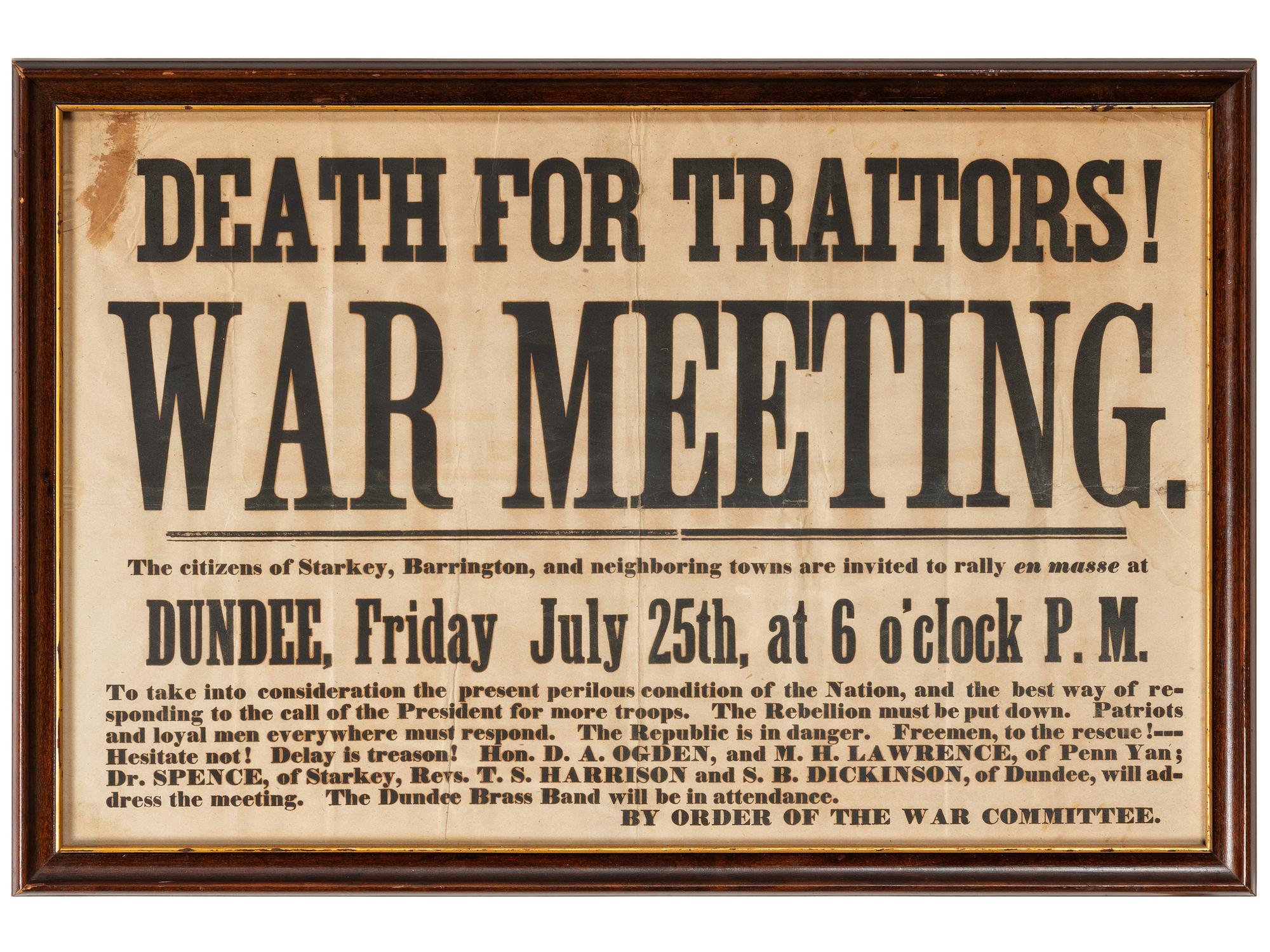 [CIVIL WAR]. Death for Traitors! War Meeting! Broadside. [Yates County, NY]: ca 1861-2.