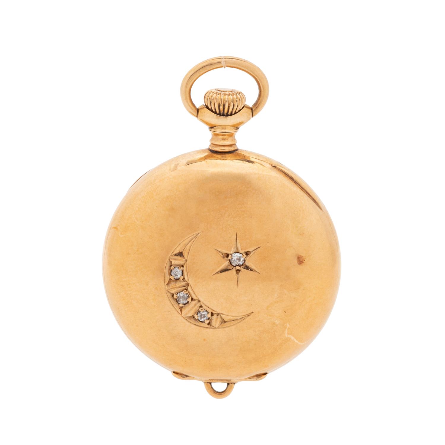 WALTHAM, 14K YELLOW GOLD AND DIAMOND OPEN FACE POCKET WATCH