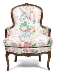 A Louis XV Style Upholstered Bergere Height 36 x width 26 x depth 27 inches. — 19TH CENTURY