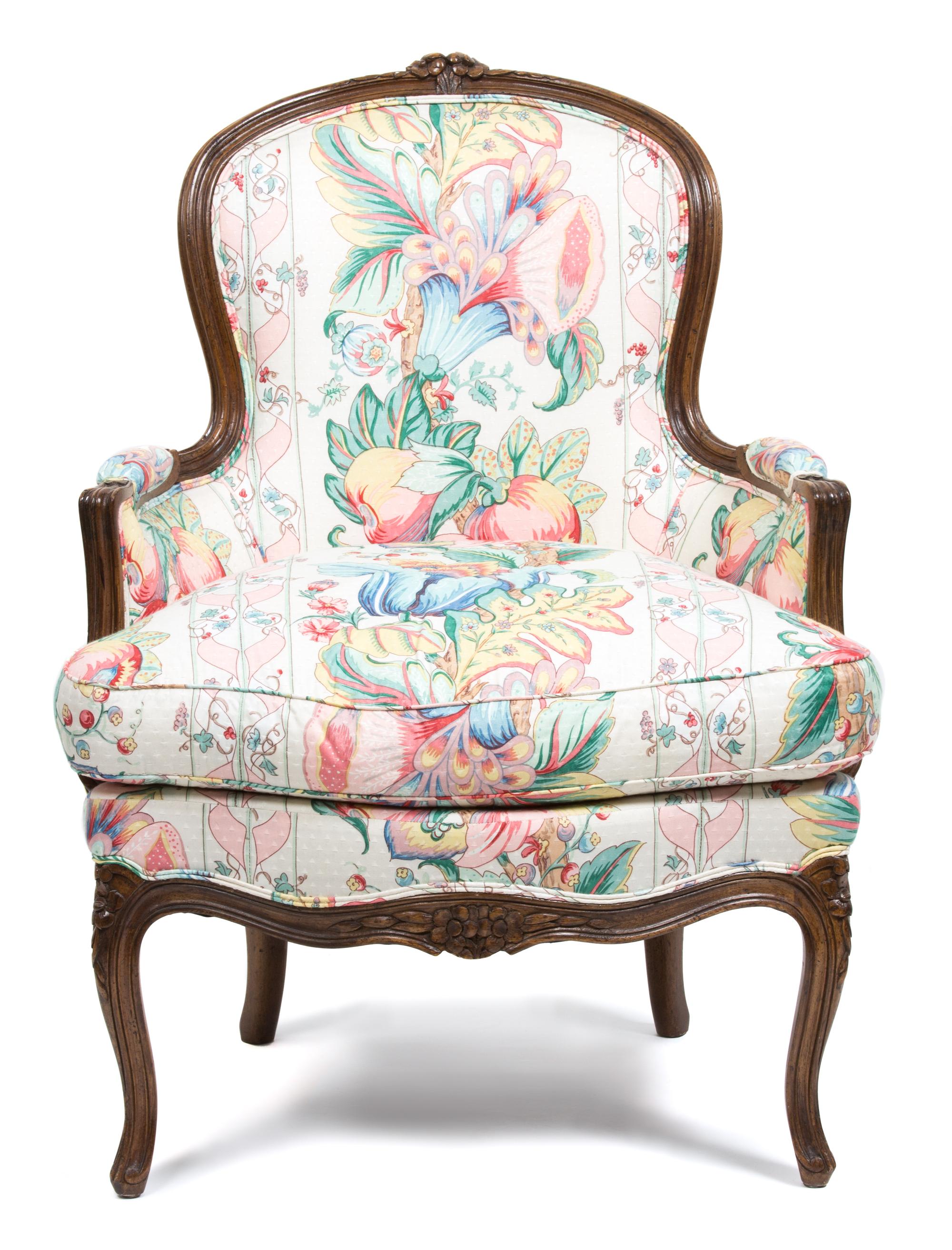 A Louis XV Style Upholstered Bergere Height 36 x width 26 x depth 27 inches. — 19TH CENTURY