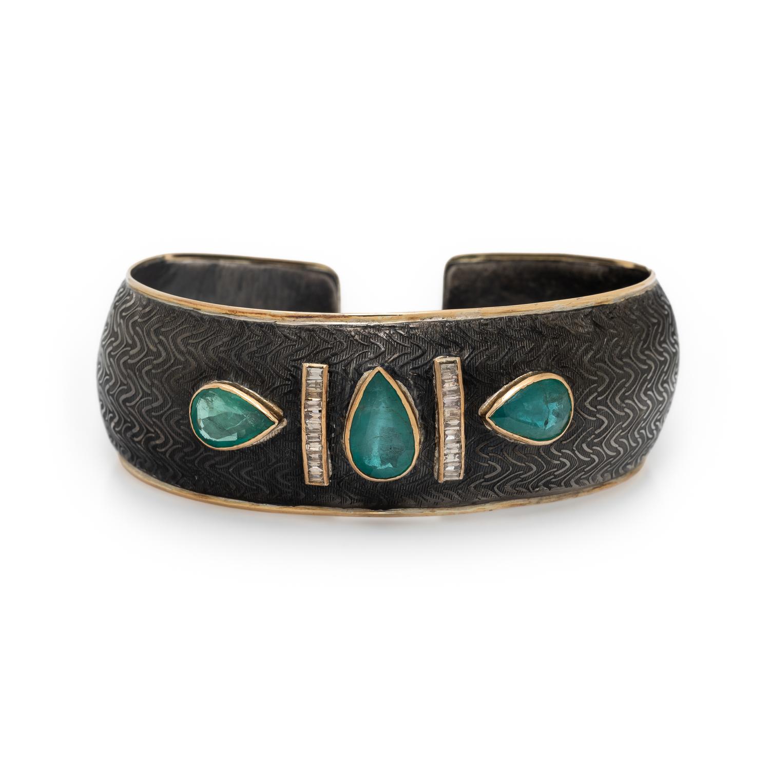 EMERALD, DIAMOND, SILVER, AND YELLOW GOLD CUFF BRACELET