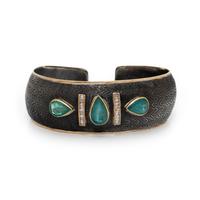 EMERALD, DIAMOND, SILVER, AND YELLOW GOLD CUFF BRACELET
