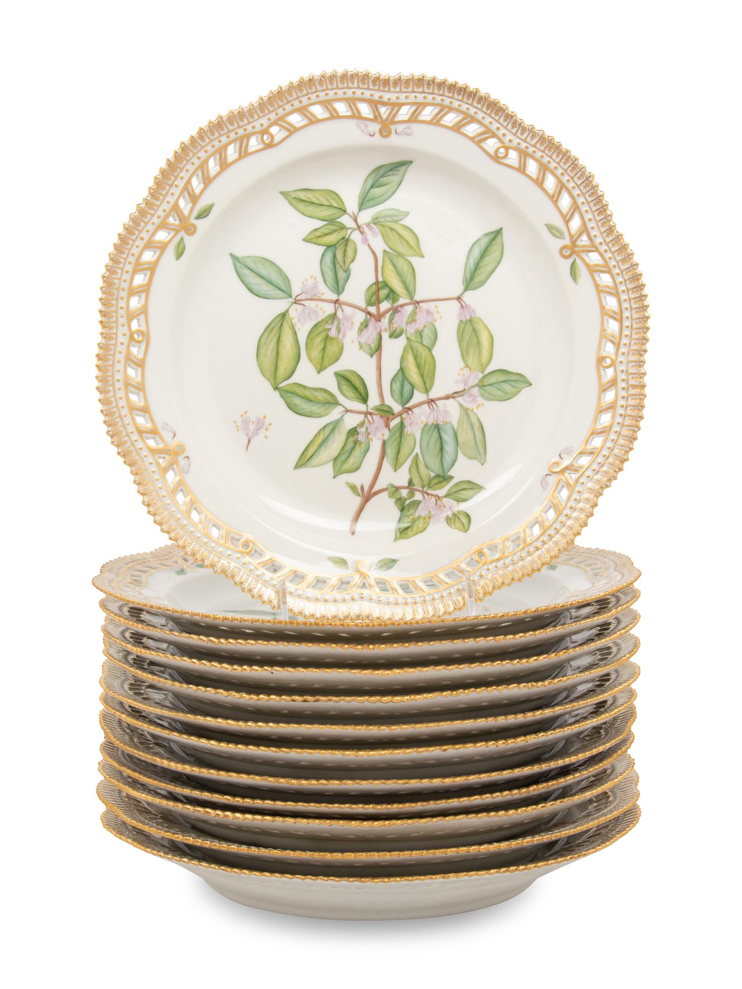 A Set of Twelve Royal Copenhagen Flora Danica Reticulated Porcelain Dinner Plates