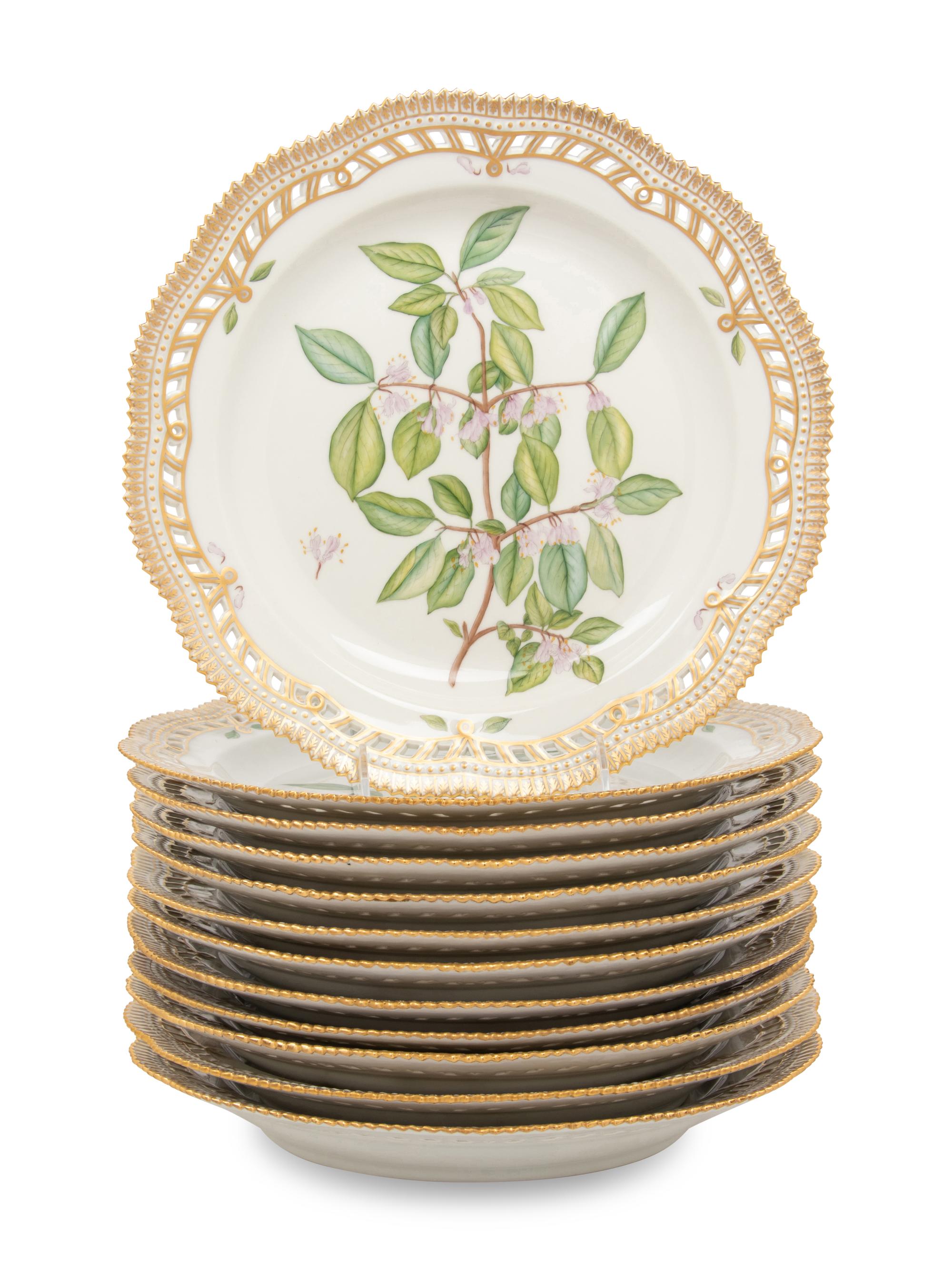 A Set of Twelve Royal Copenhagen Flora Danica Reticulated Porcelain Dinner Plates