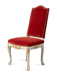 A Set of Six Louis XV Blue Painted and Parcel-Gilt Dining Chairs