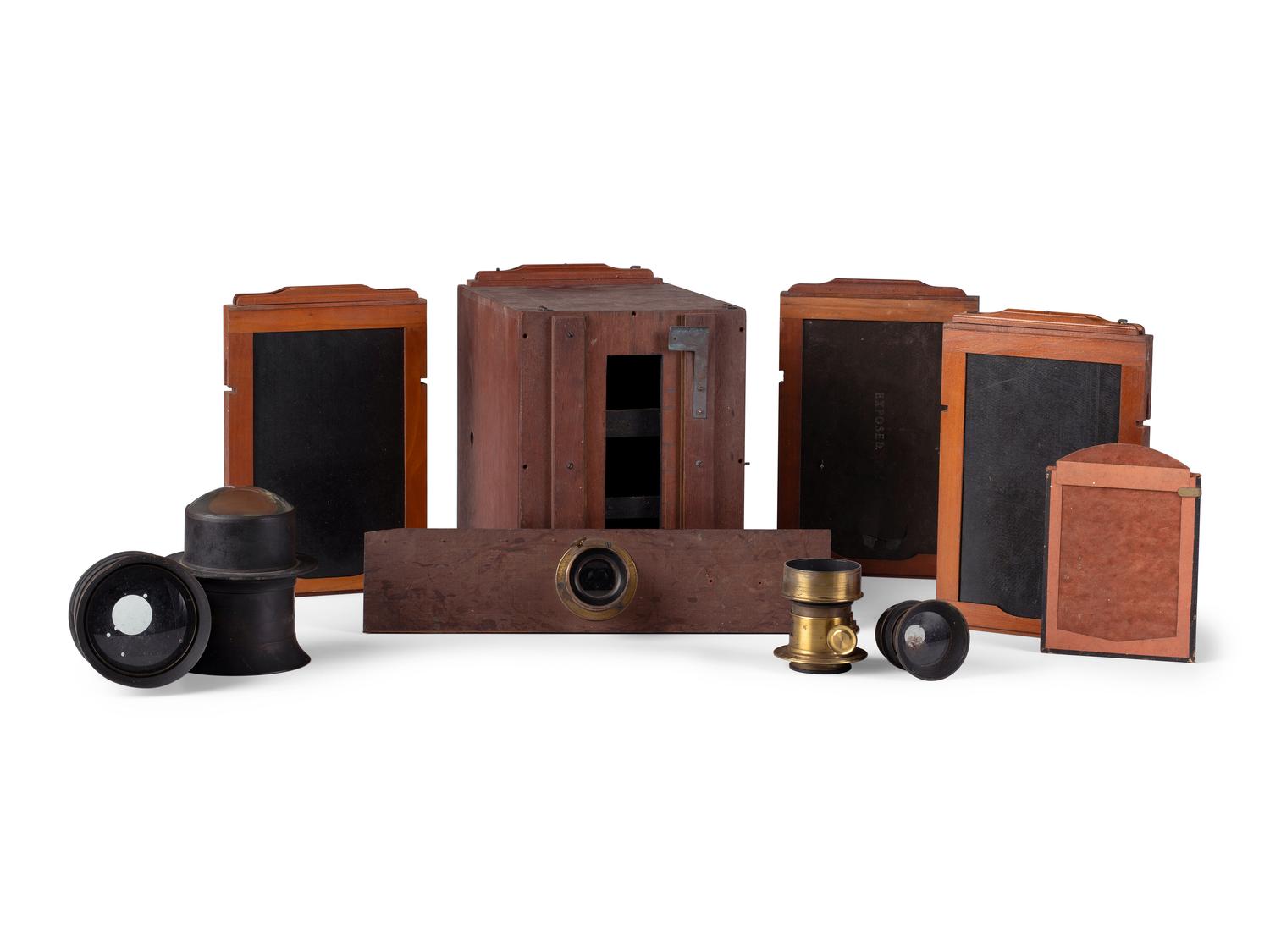 Camera lenses and box camera found in the workshop of George W. Fitz, Peconic, New York.