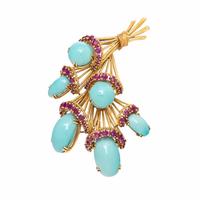 French, Turquoise, Ruby, and Yellow Gold Brooch