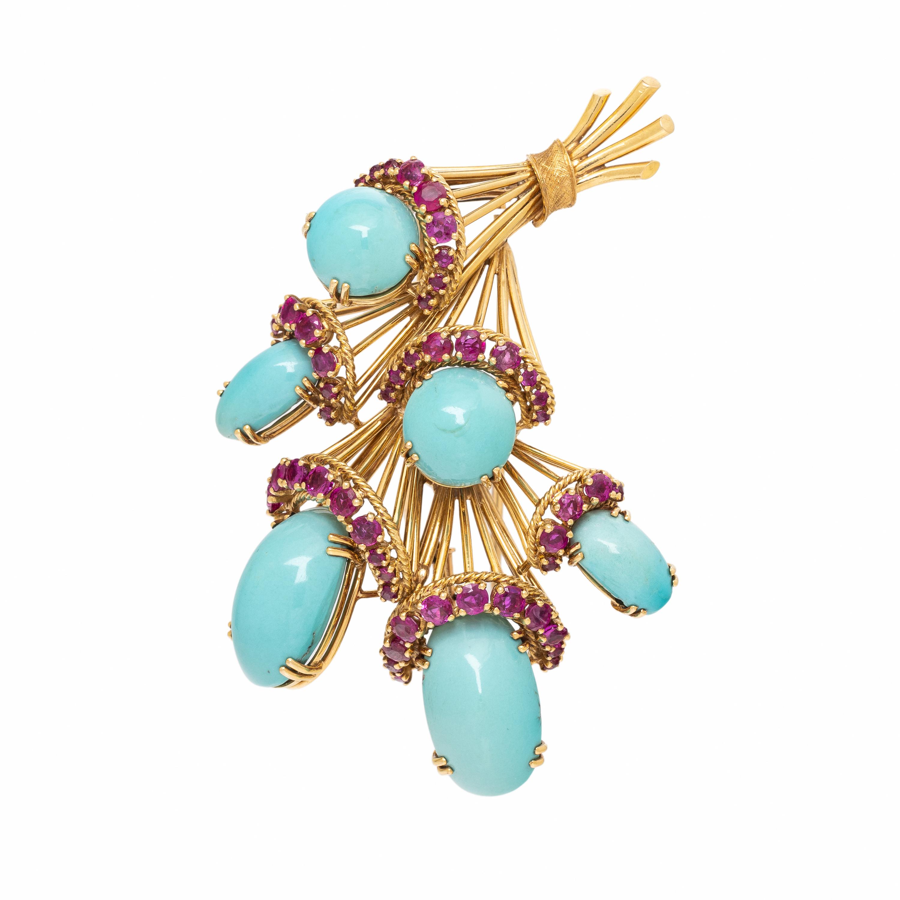 French, Turquoise, Ruby, and Yellow Gold Brooch