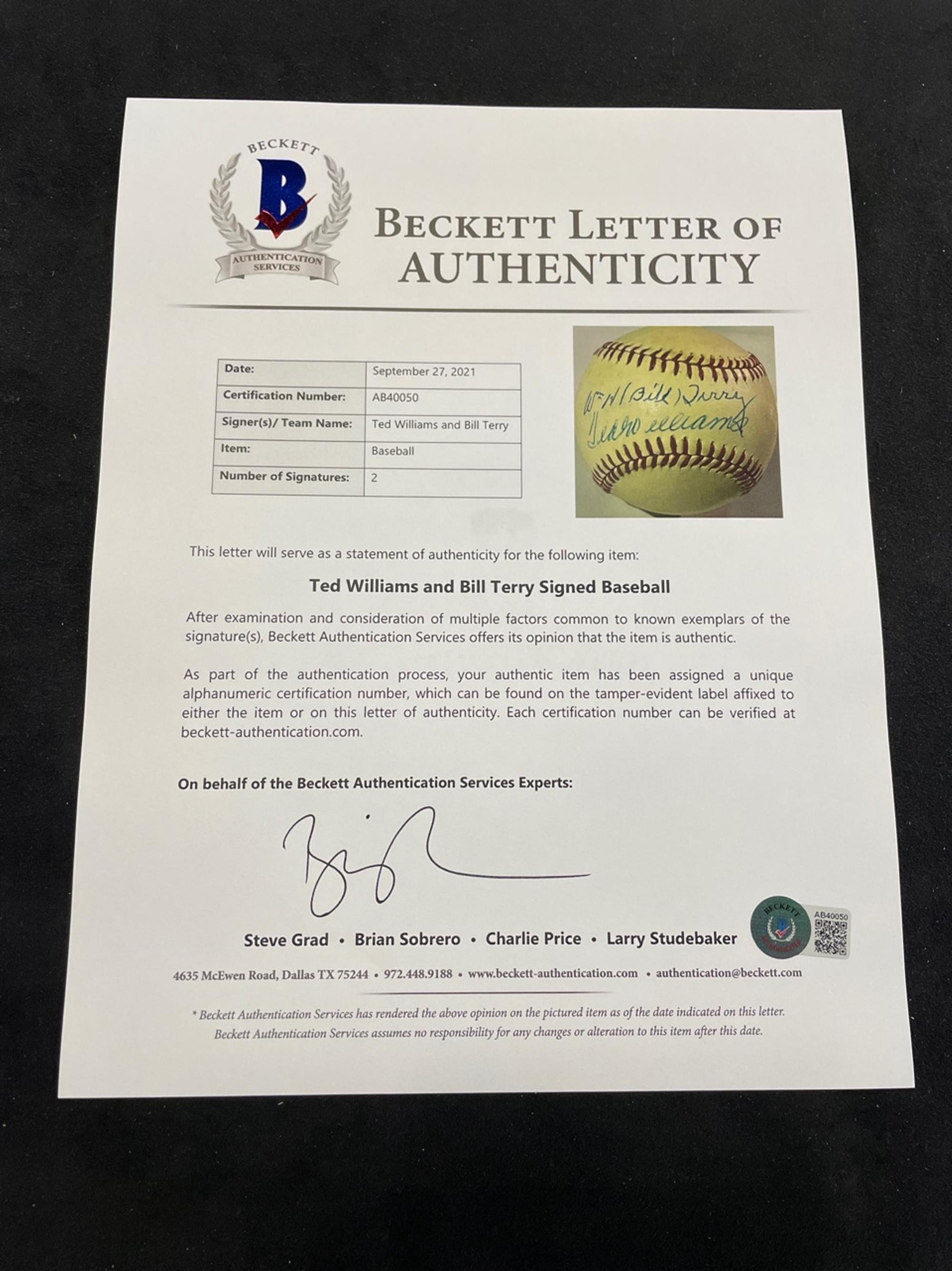 A Ted Williams and William H. Bill Terry Signed Baseball (BAS Beckett Authentication Services Certified),
