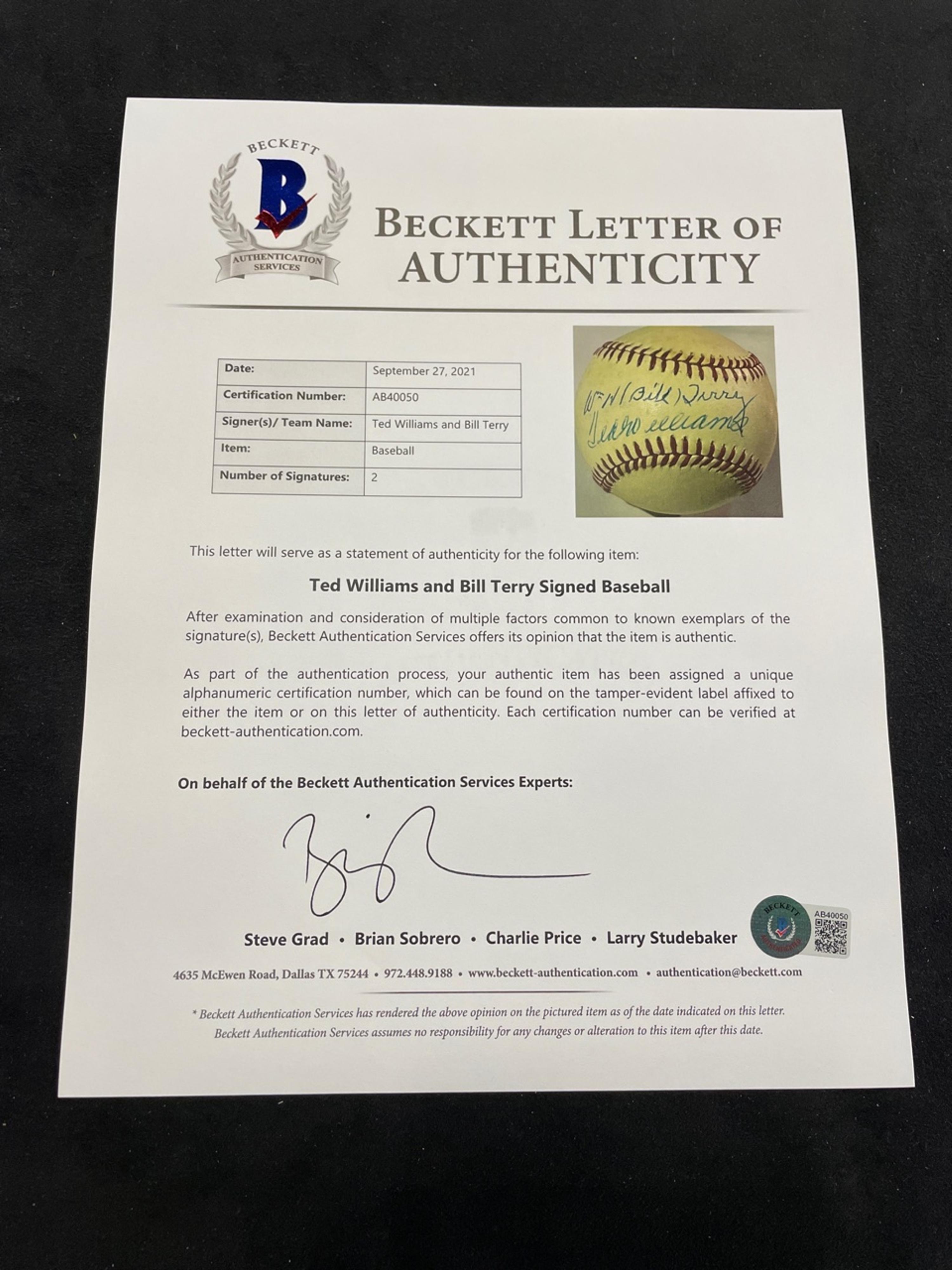 A Ted Williams and William H. Bill Terry Signed Baseball (BAS Beckett Authentication Services Certified),