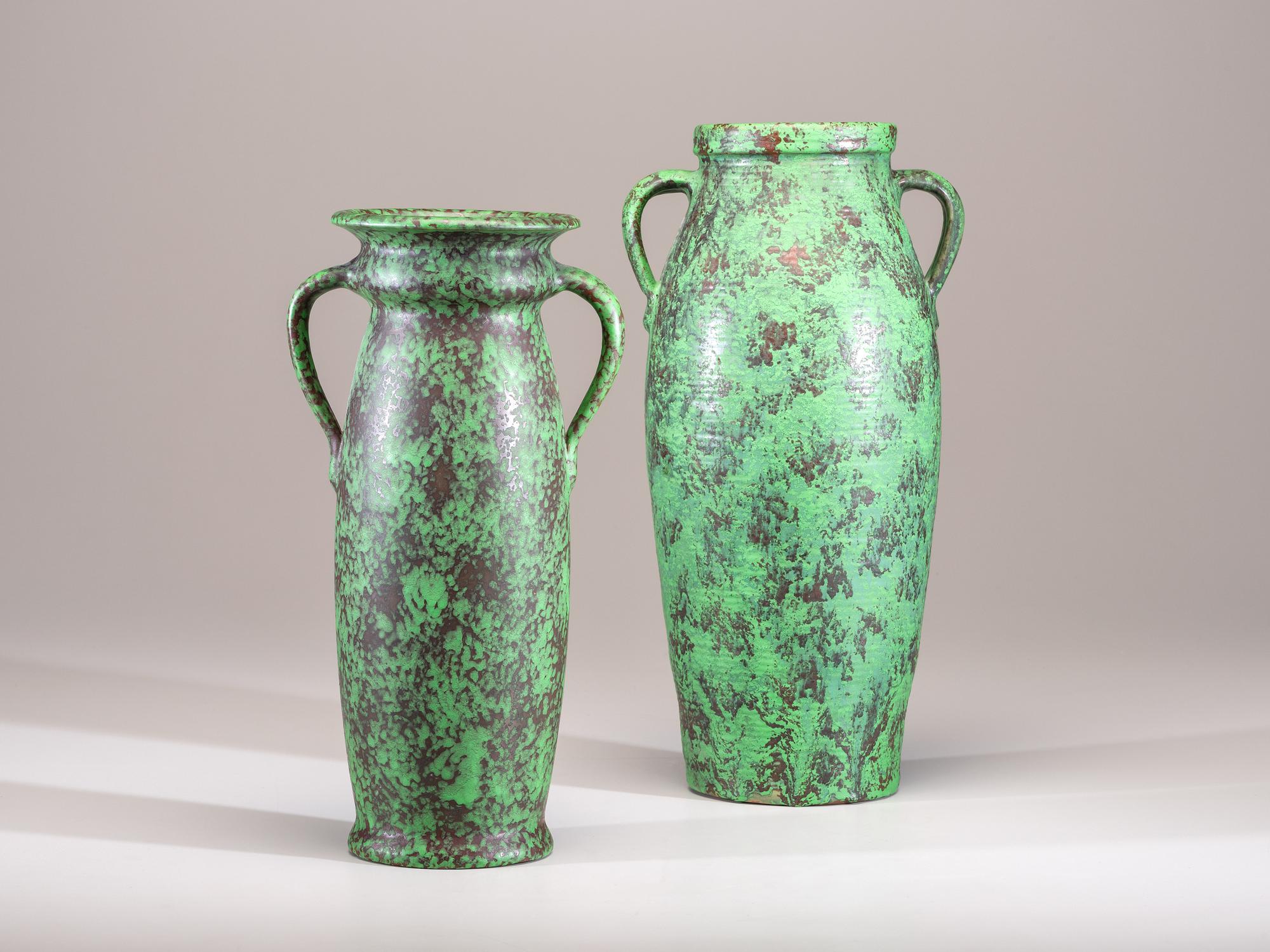 Two Coppertone Monumental Two-Handled Floor Vases