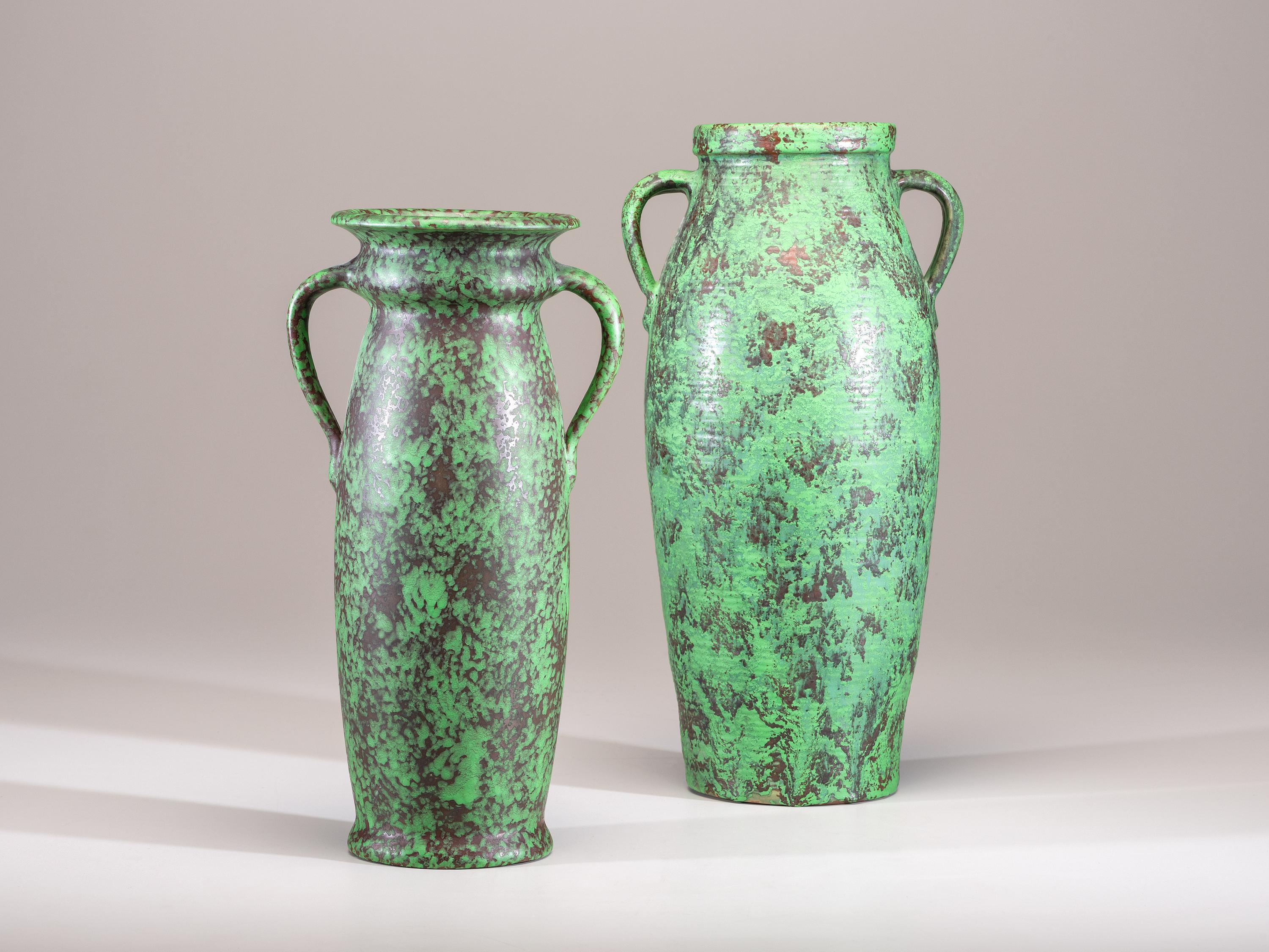 Two Coppertone Monumental Two-Handled Floor Vases