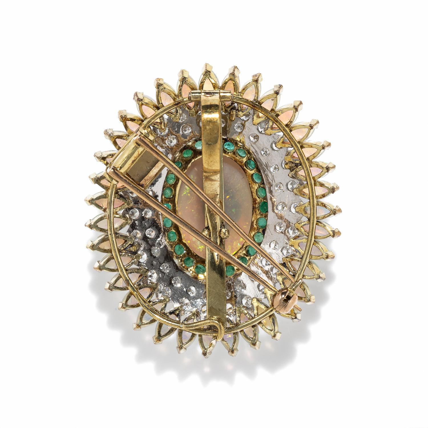 OPAL, DIAMOND AND EMERALD PENDANT BROOCH