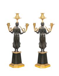 A Pair of Empire Gilt and Patinated Bronze Three-Light Candelabra