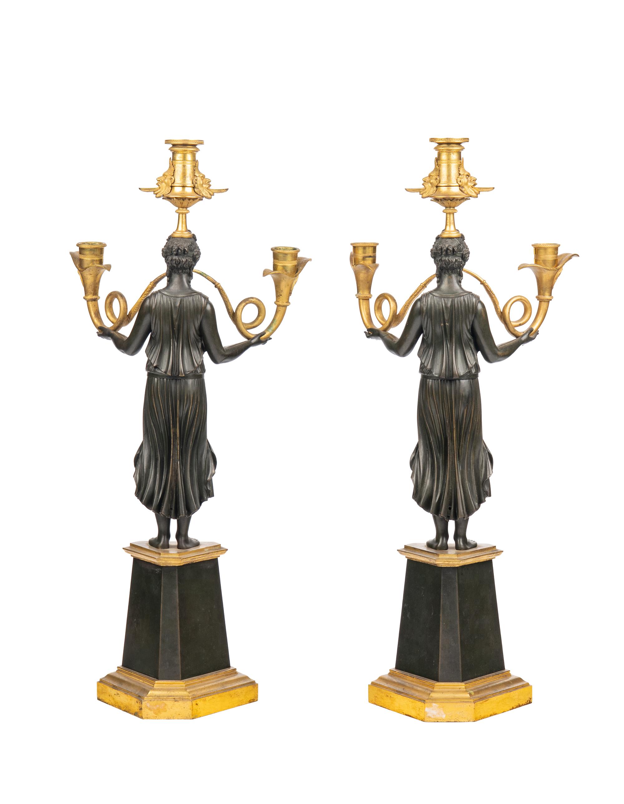 A Pair of Empire Gilt and Patinated Bronze Three-Light Candelabra