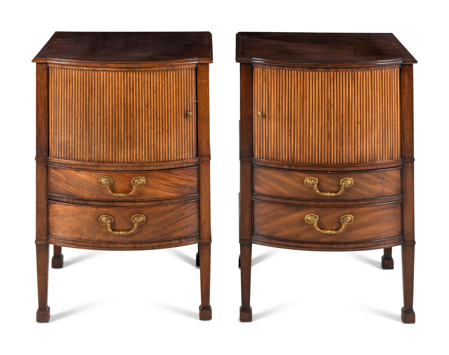A Pair of George III Mahogany and Satinwood Bedside Cupboards
