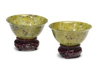 A Pair of Chinese Carved Spinach Jade Bowls