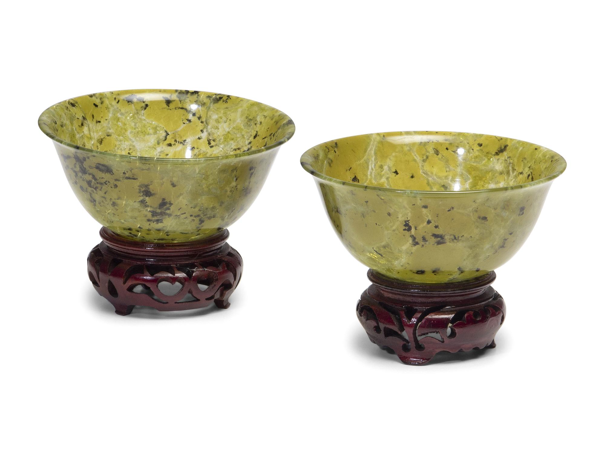A Pair of Chinese Carved Spinach Jade Bowls