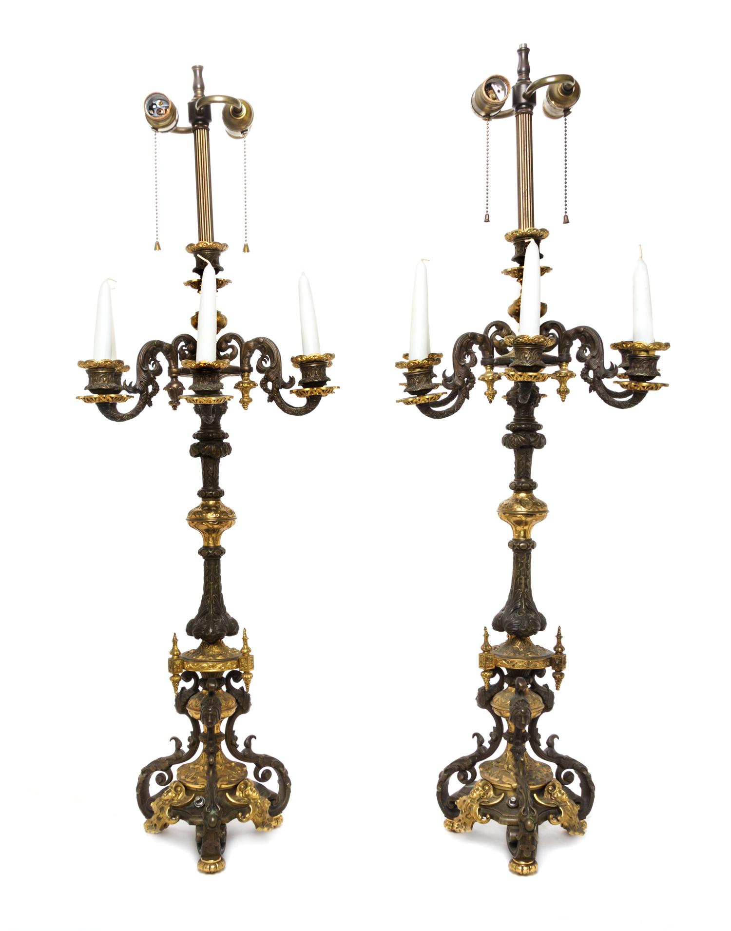 A Pair of Neoclassical Gilt and Patinated Bronze Six-Light Candelabra Height 42 inches. — LATE 19TH CENTURY