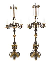 A Pair of Neoclassical Gilt and Patinated Bronze Six-Light Candelabra Height 42 inches. — LATE 19TH CENTURY