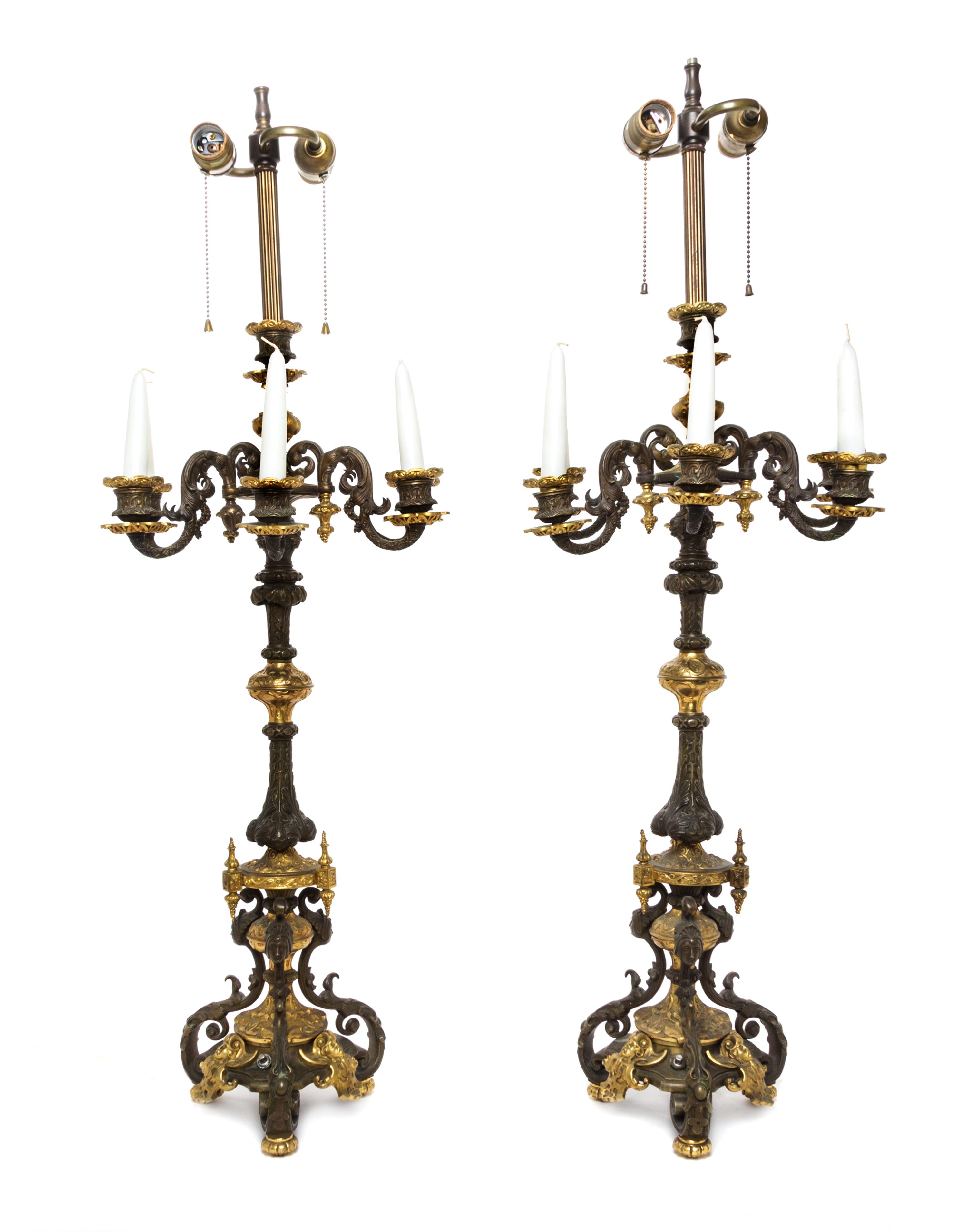 A Pair of Neoclassical Gilt and Patinated Bronze Six-Light Candelabra Height 42 inches. — LATE 19TH CENTURY
