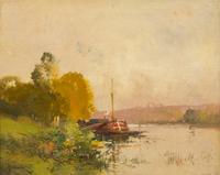 Eugène Galien-Laloue, (French, 1854-1941), Untitled (Grassy Riverbank)