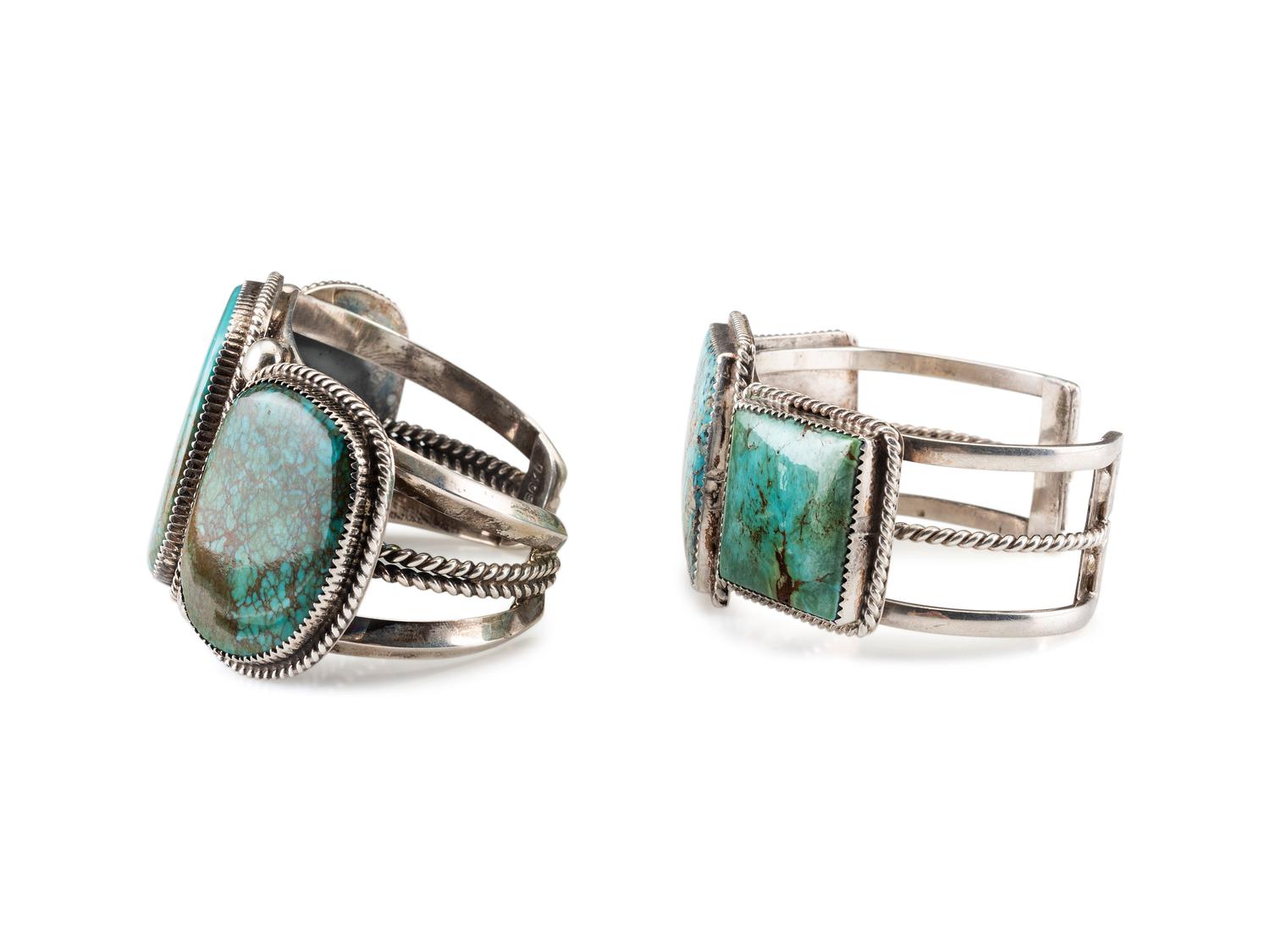 Navajo Sterling Silver Wire Cuff Bracelet, Set with Large Braduated Turquoise Cabochons