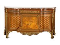A Louis XVI Style Gilt Bronze Mounted Kingwood and Marquetry Marble-Top Commode