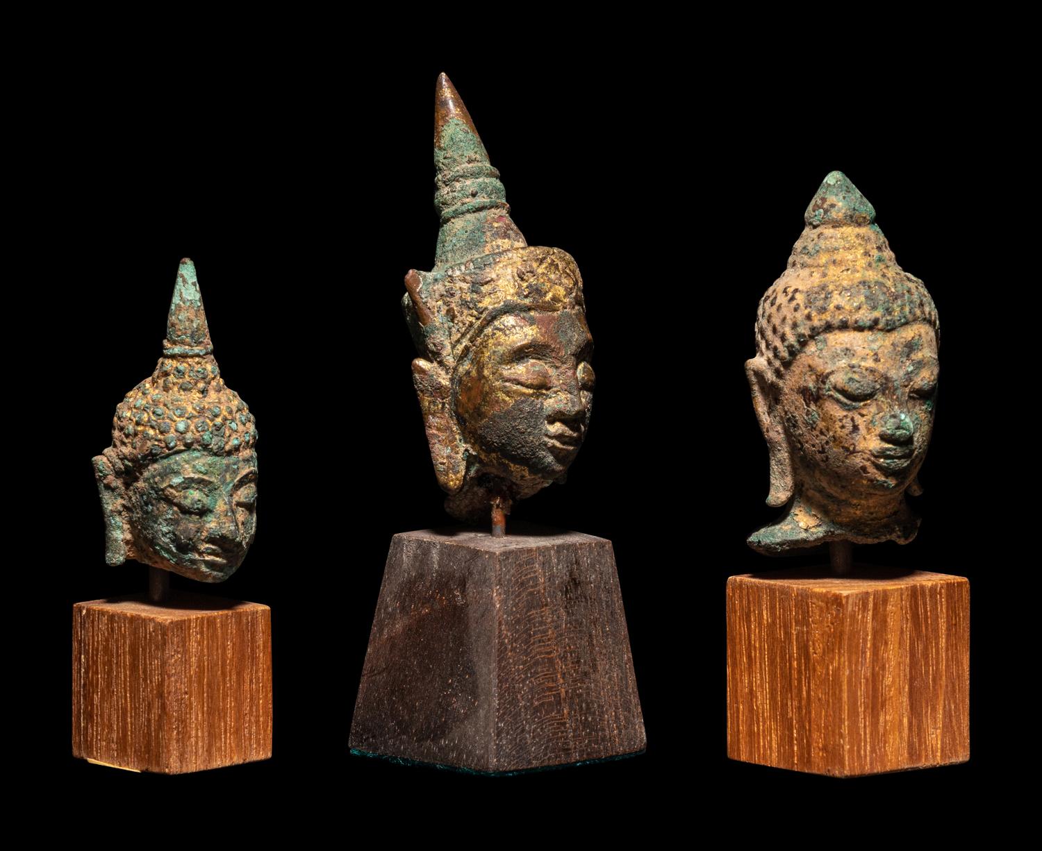 Three Thai Bronze Buddha Heads with Stands
