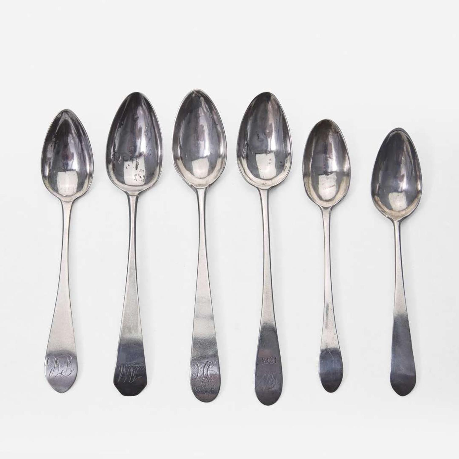A large collection of twenty-five bird-back and fancy-back teaspoons Various makers, Lancaster, Reading, Philadelphia, PA, and Burlington, NJ, circa 1780-1820