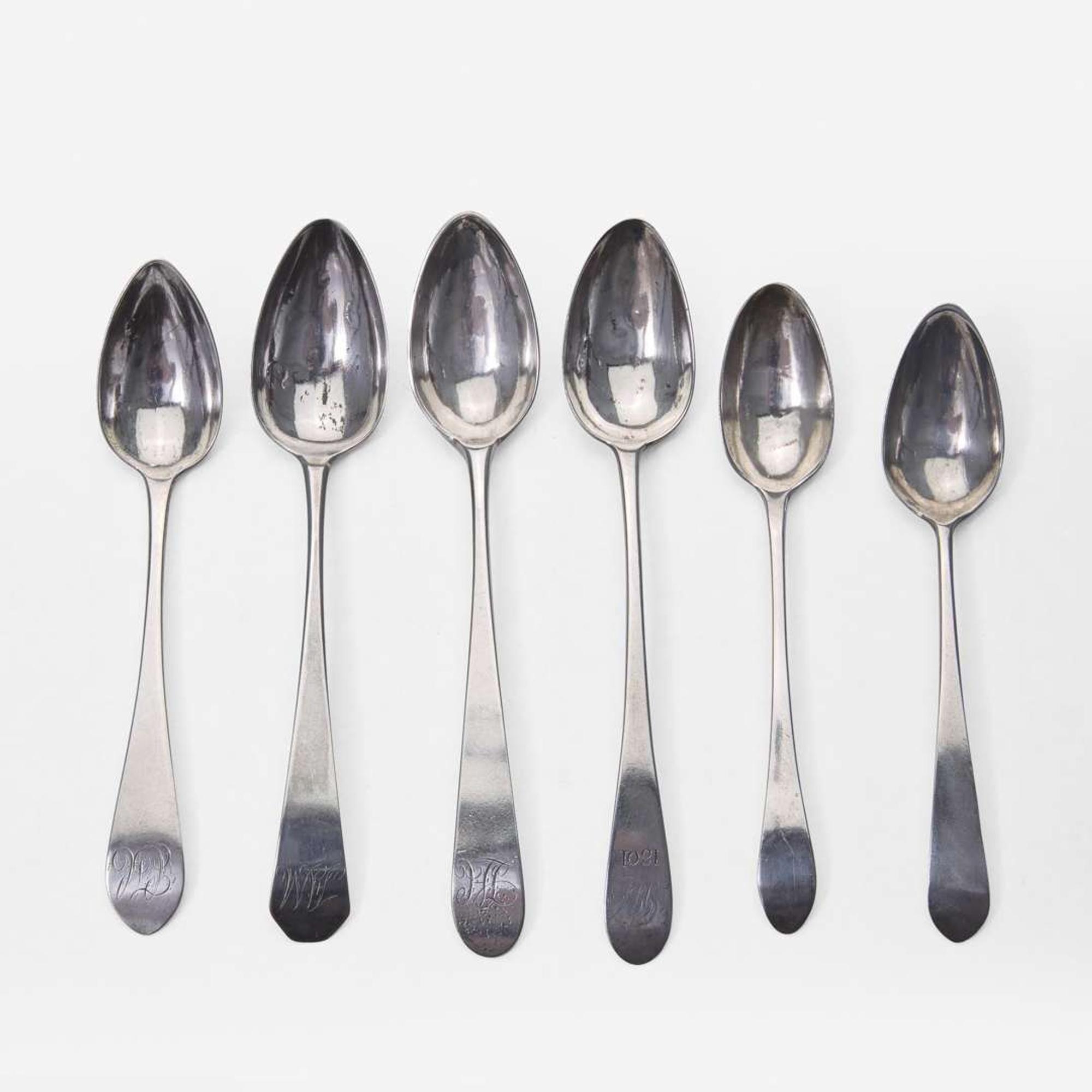 A large collection of twenty-five bird-back and fancy-back teaspoons Various makers, Lancaster, Reading, Philadelphia, PA, and Burlington, NJ, circa 1780-1820