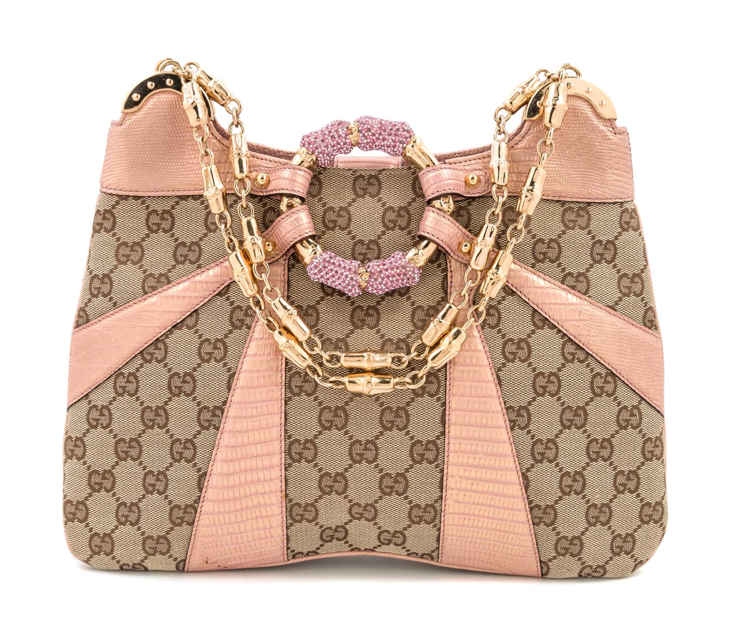 A Gucci Monogram Canvas and Pink Python Handbag, 12" x 8.5" x 1"; Strap drop: 8".