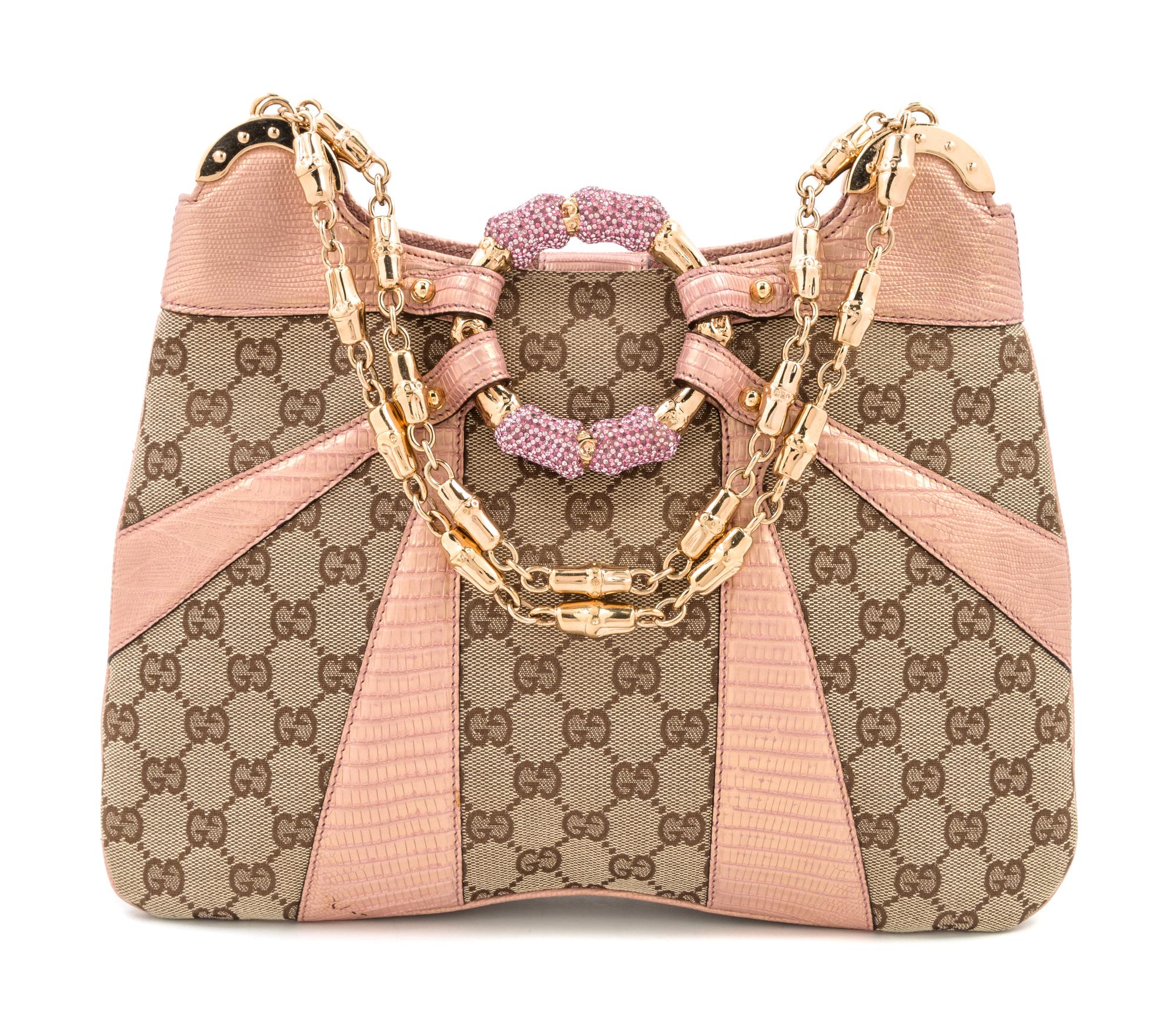 A Gucci Monogram Canvas and Pink Python Handbag, 12" x 8.5" x 1"; Strap drop: 8".