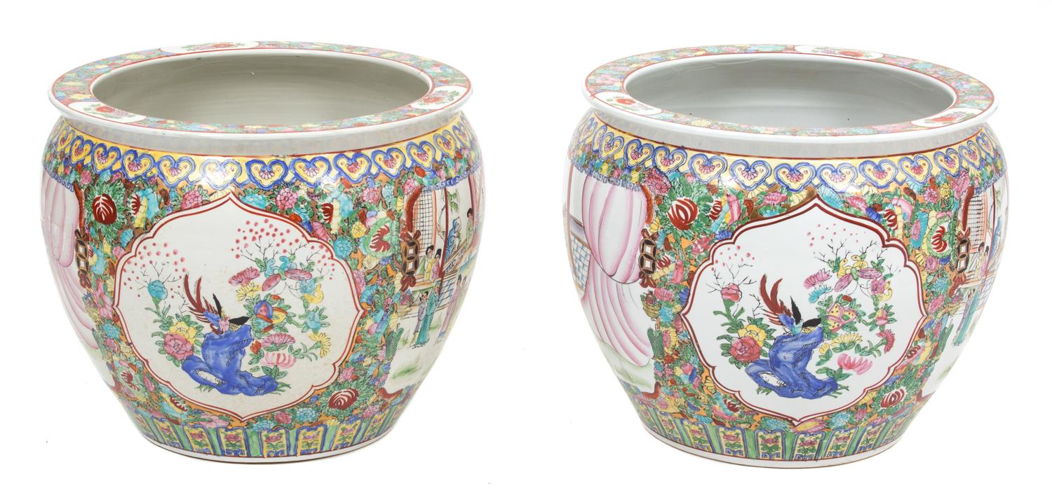 A Pair of Chinese Famille Rose Porcelain Fish Bowls Height 16 x diameter 19 inches. — 20TH CENTURY