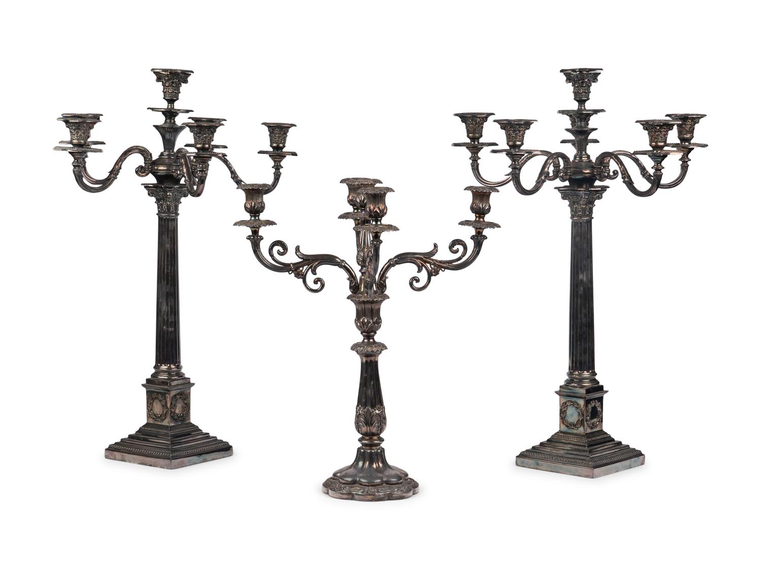 A Group of Three English Silver-Plate Candelabra