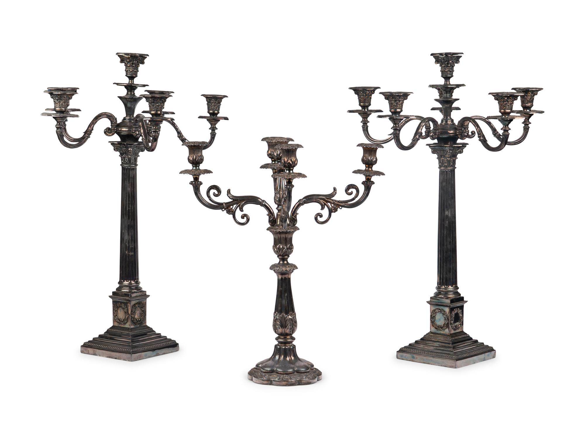 A Group of Three English Silver-Plate Candelabra