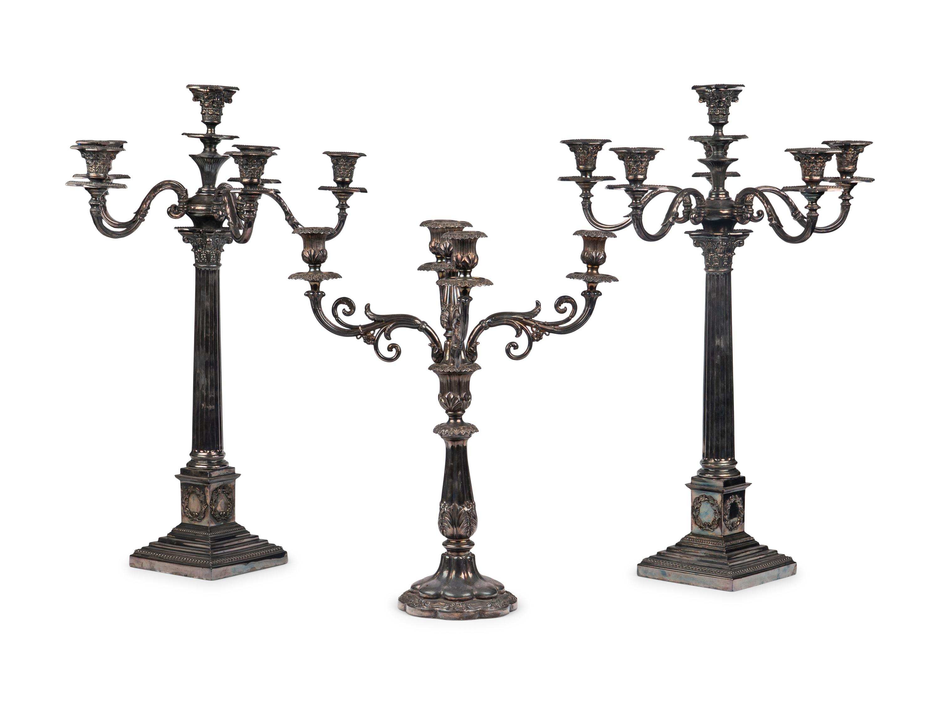 A Group of Three English Silver-Plate Candelabra