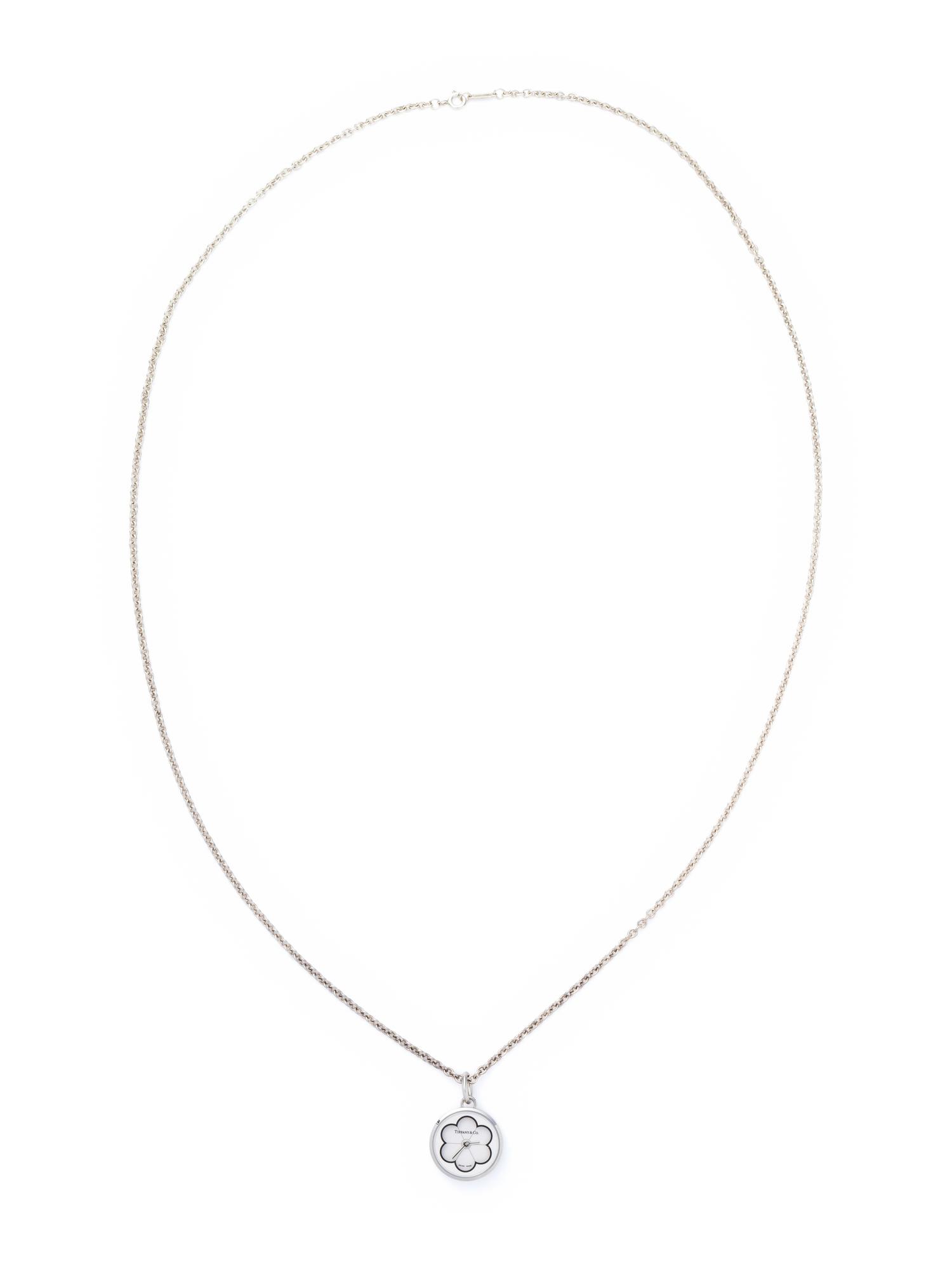 TIFFANY & CO. STAINLESS STEEL, STERLING SILVER AND ENAMEL PENDANT/WATCH