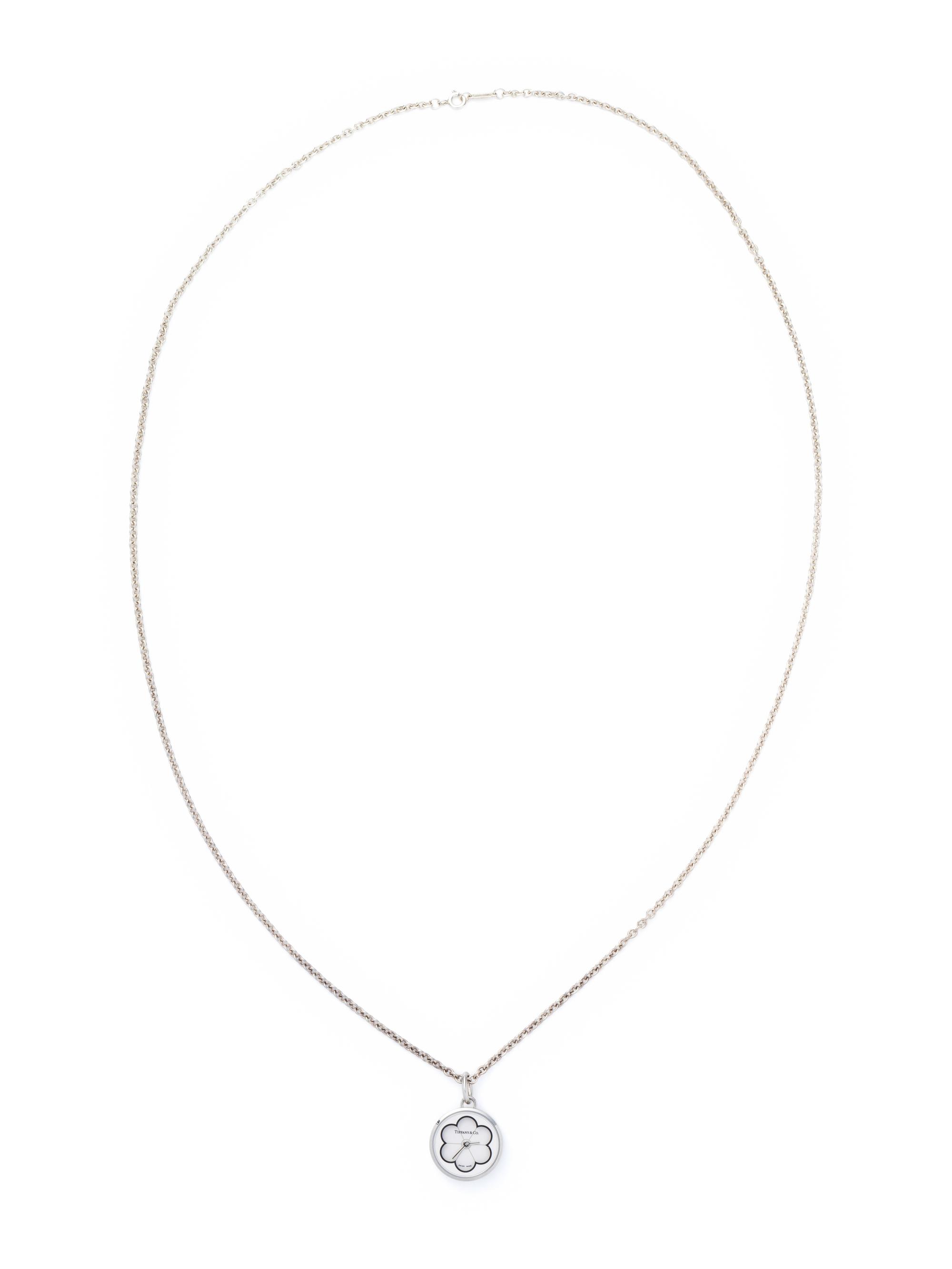 TIFFANY & CO. STAINLESS STEEL, STERLING SILVER AND ENAMEL PENDANT/WATCH