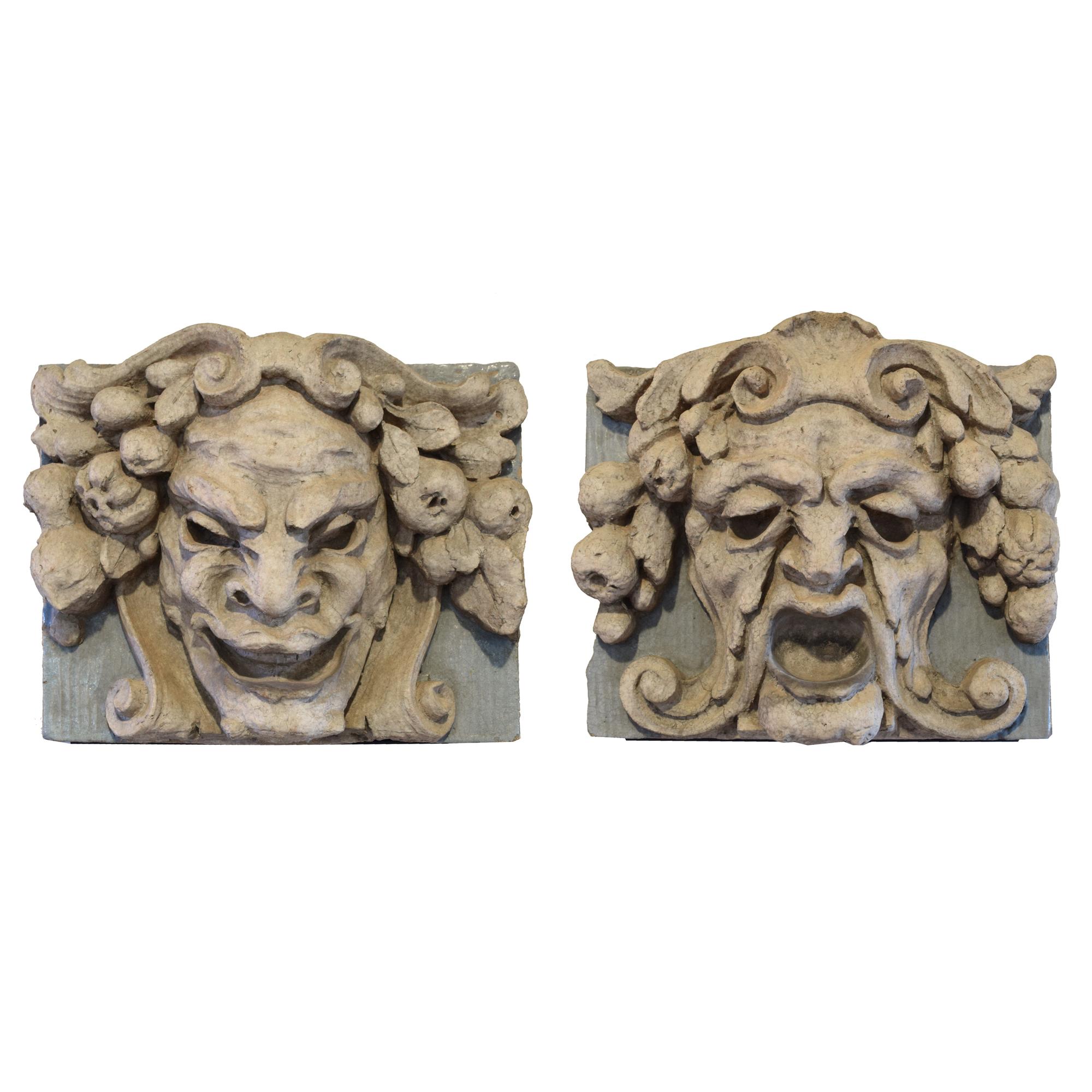A Pair of Terra Cotta Comedy and Tragedy Panels 17" W x 7" D x 15" H — United States, Early 20th Century