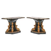 A Pair of Neoclassical Style Specimen Marble, Ebonized and Parcel Gilt Console Tables