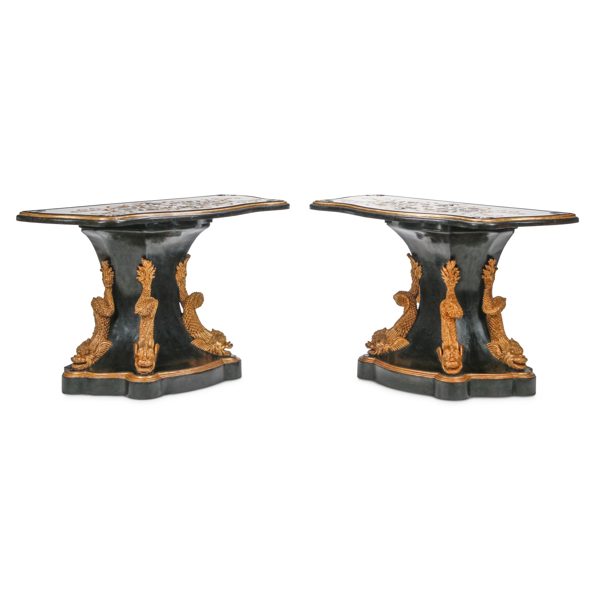 A Pair of Neoclassical Style Specimen Marble, Ebonized and Parcel Gilt Console Tables