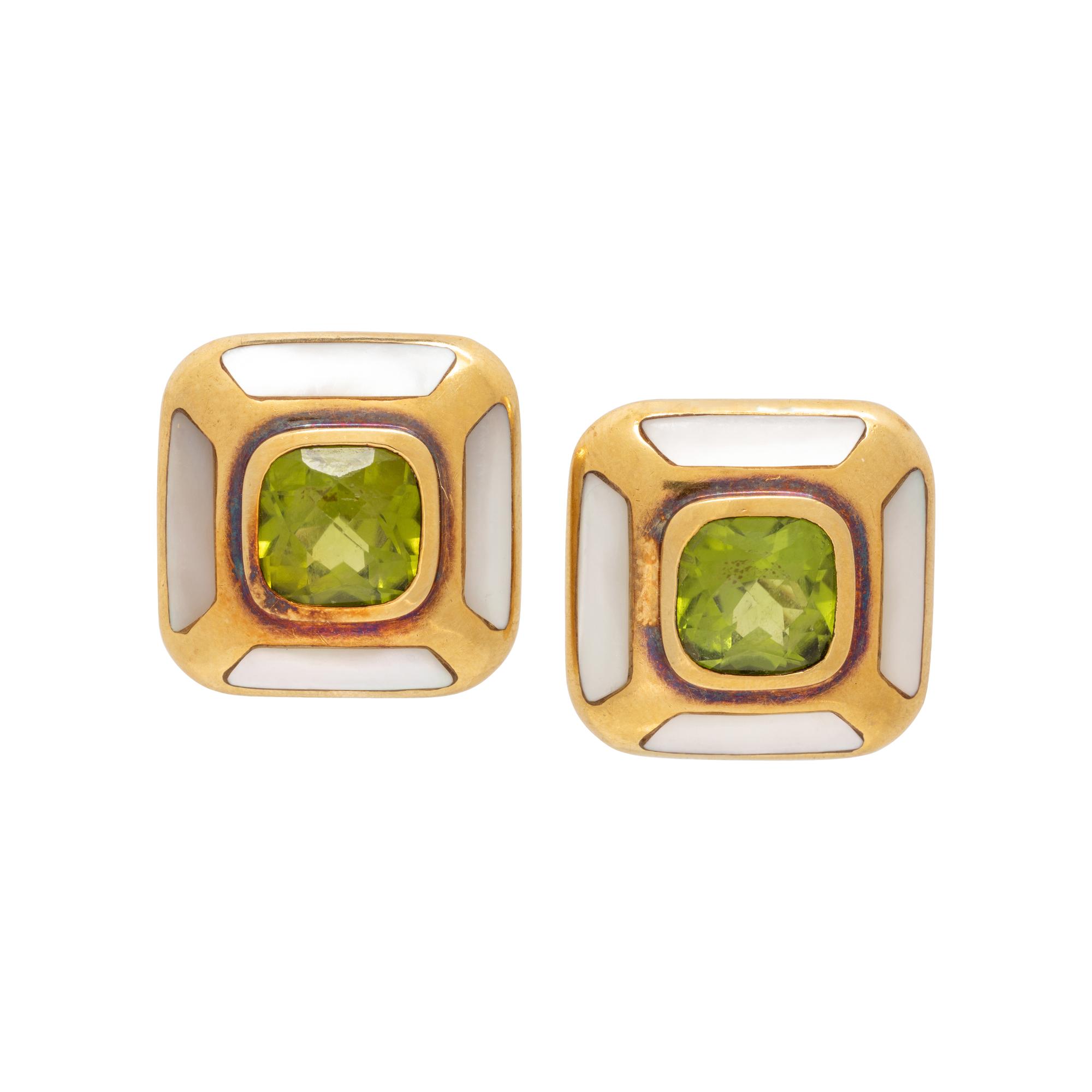 MAZ, PERIDOT, MOTHER-OF-PEARL, AND YELLOW GOLD CLIP EARRINGS