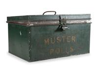 [CIVIL WAR] -- [MAINE]. Tin muster roll box identified to Co. A, 19th Maine Regiment, accompanied by stage trunk identified to Maine manufacturer.
