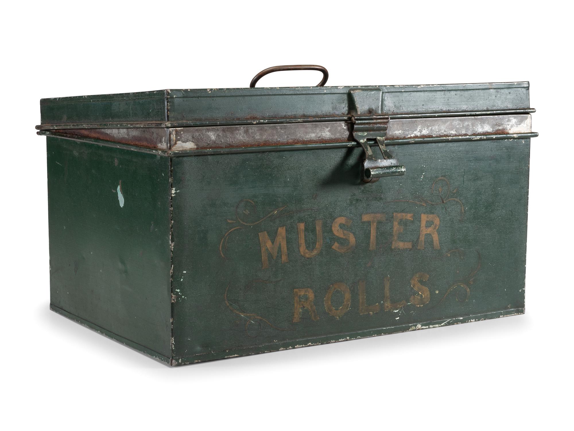 [CIVIL WAR] -- [MAINE]. Tin muster roll box identified to Co. A, 19th Maine Regiment, accompanied by stage trunk identified to Maine manufacturer.