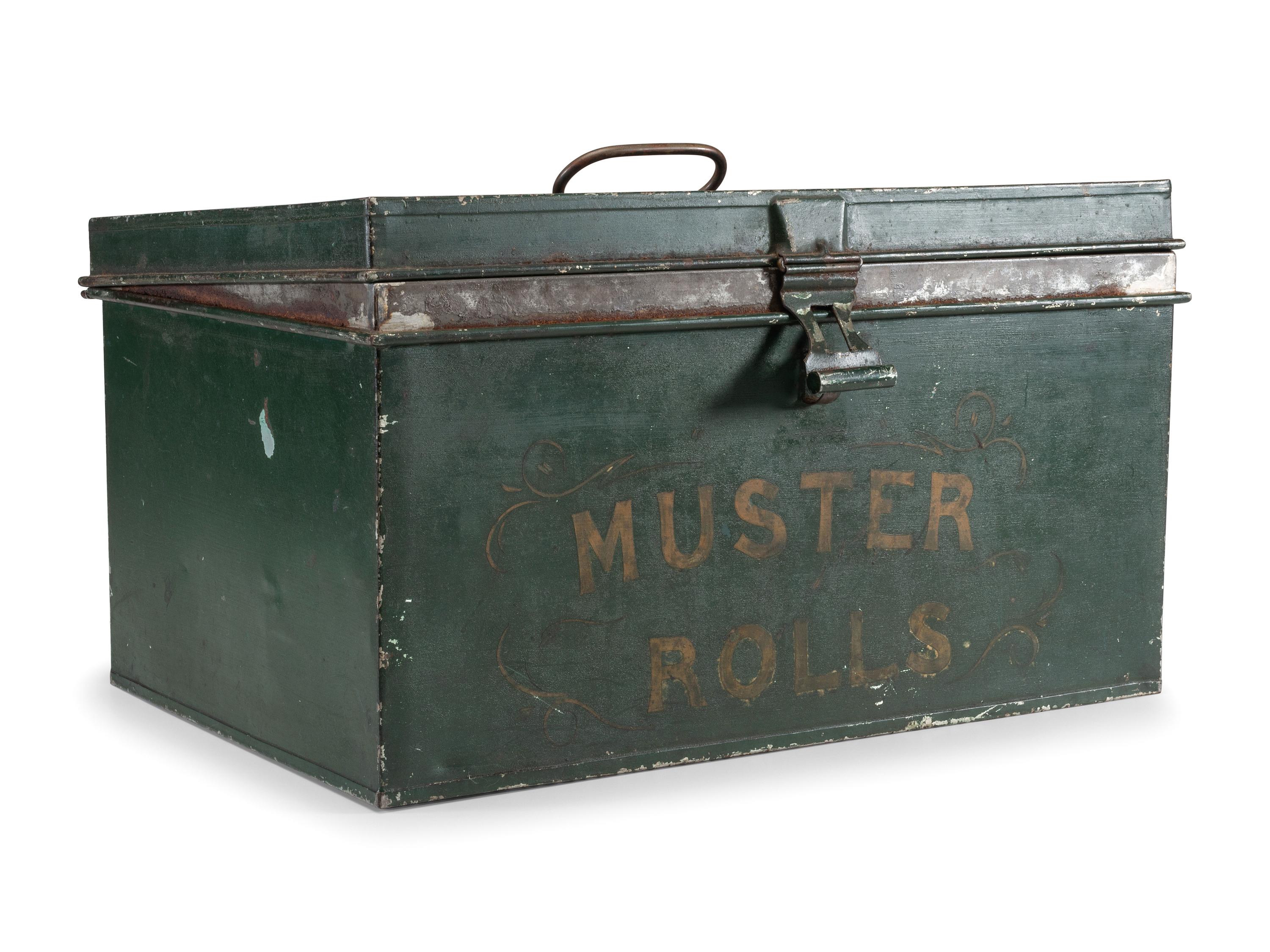 [CIVIL WAR] -- [MAINE]. Tin muster roll box identified to Co. A, 19th Maine Regiment, accompanied by stage trunk identified to Maine manufacturer.