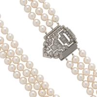 ART DECO, TRIPLE STRAND CULTURED PEARL AND DIAMOND NECKLACE