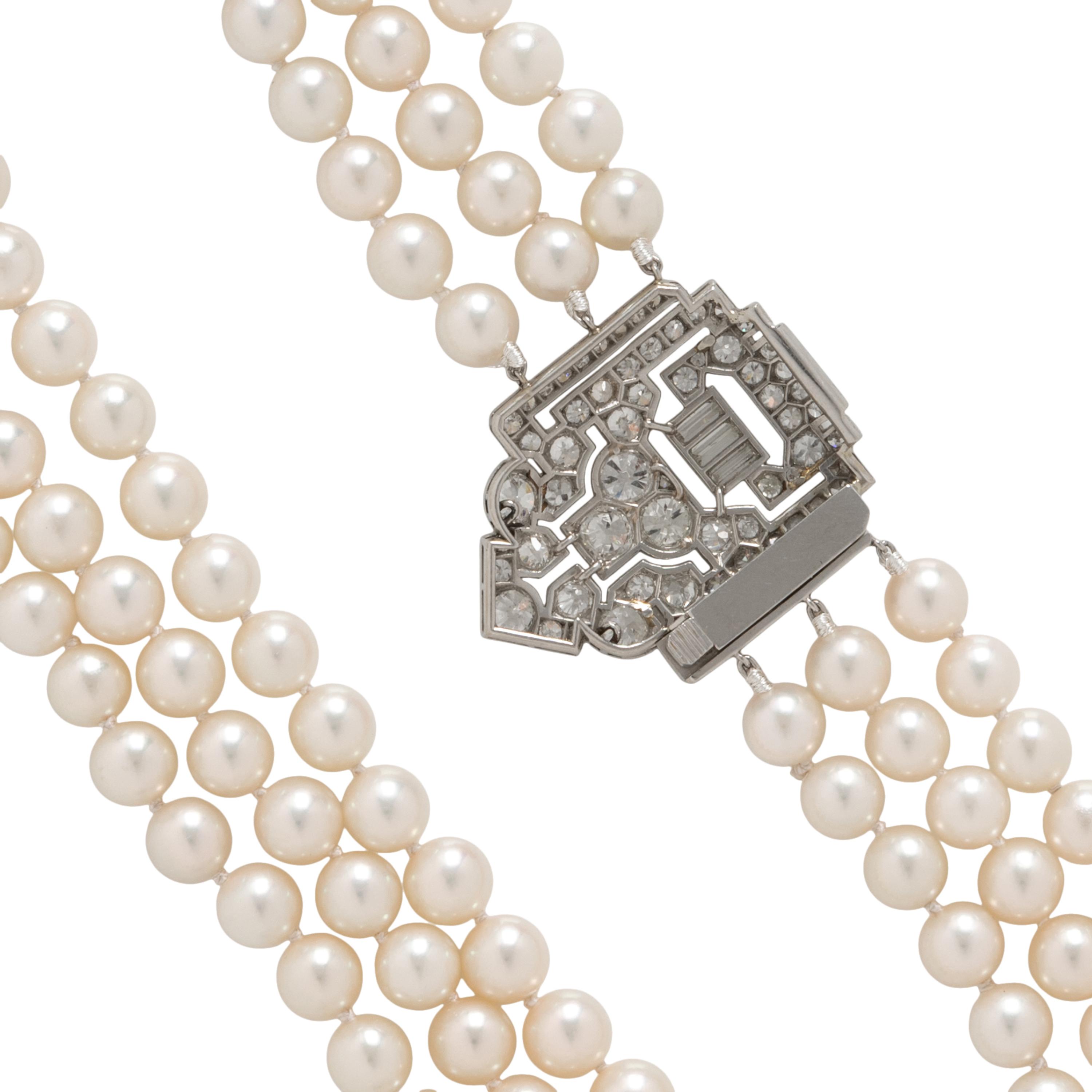 ART DECO, TRIPLE STRAND CULTURED PEARL AND DIAMOND NECKLACE